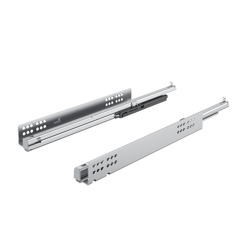 Ray trượt giảm chấn Hettich: Khả năng chịu tải cực lớn giúp ngăn kéo trượt đi êm ái, trơn tru dù chứa đầy xoong nồi. Cơ chế giảm chấn tự động thu ngăn kéo vào một cách tĩnh lặng, hoàn toàn không có tiếng va đập.